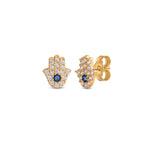 Gold Hamsa hand Studs with cubic zirconia stones placed on a white background 