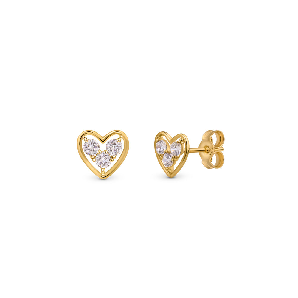 Gold heart ear studs with 3 simulated stones presented against white background.