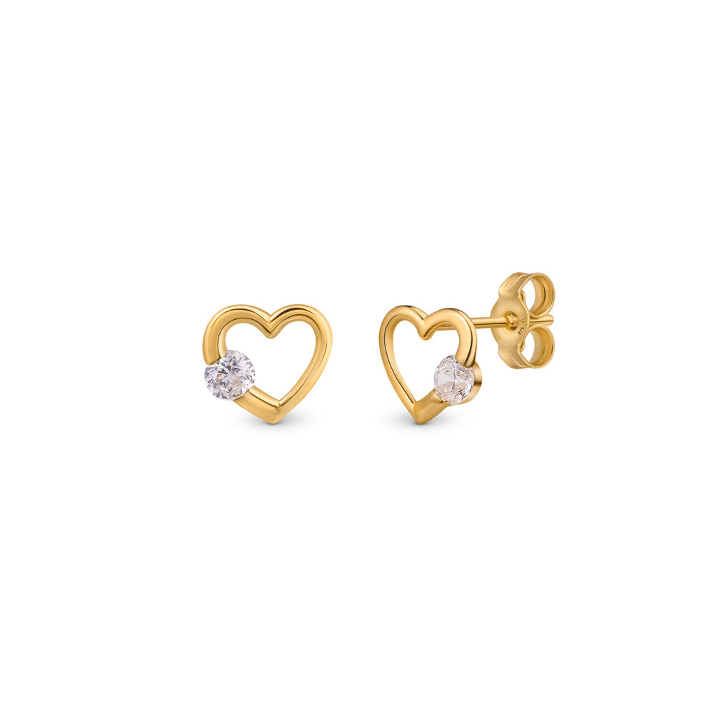 Gold heart ear studs with simulated stone on the side presented against white background.