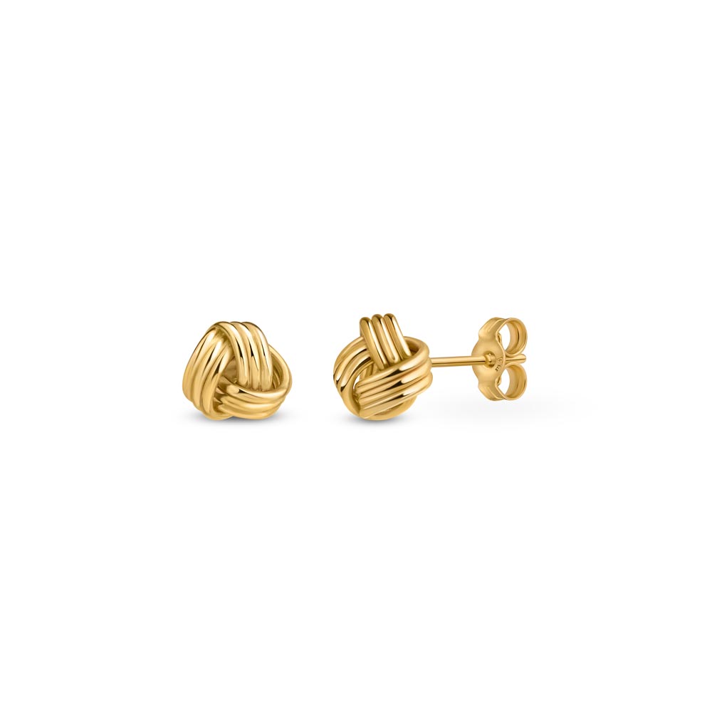 Dainty 9K gold knot stud earrings placed on a white background