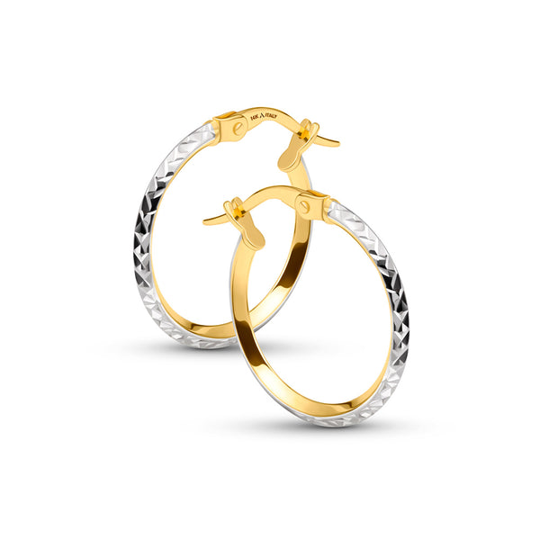 15 mm Two Tone Diamond Cut Earrings in 14K Gold