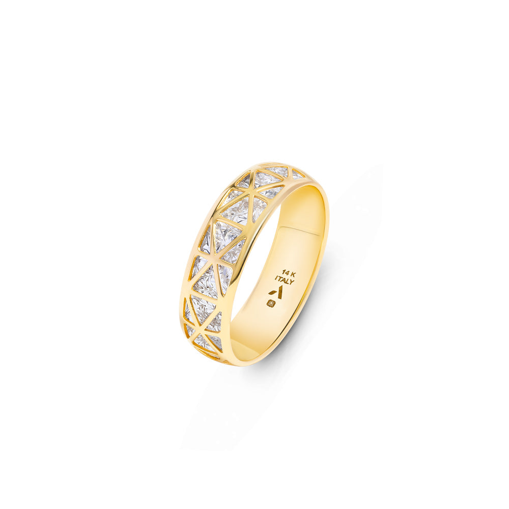 14ct gold Geometric Filigree statement ring placed on a white surface.