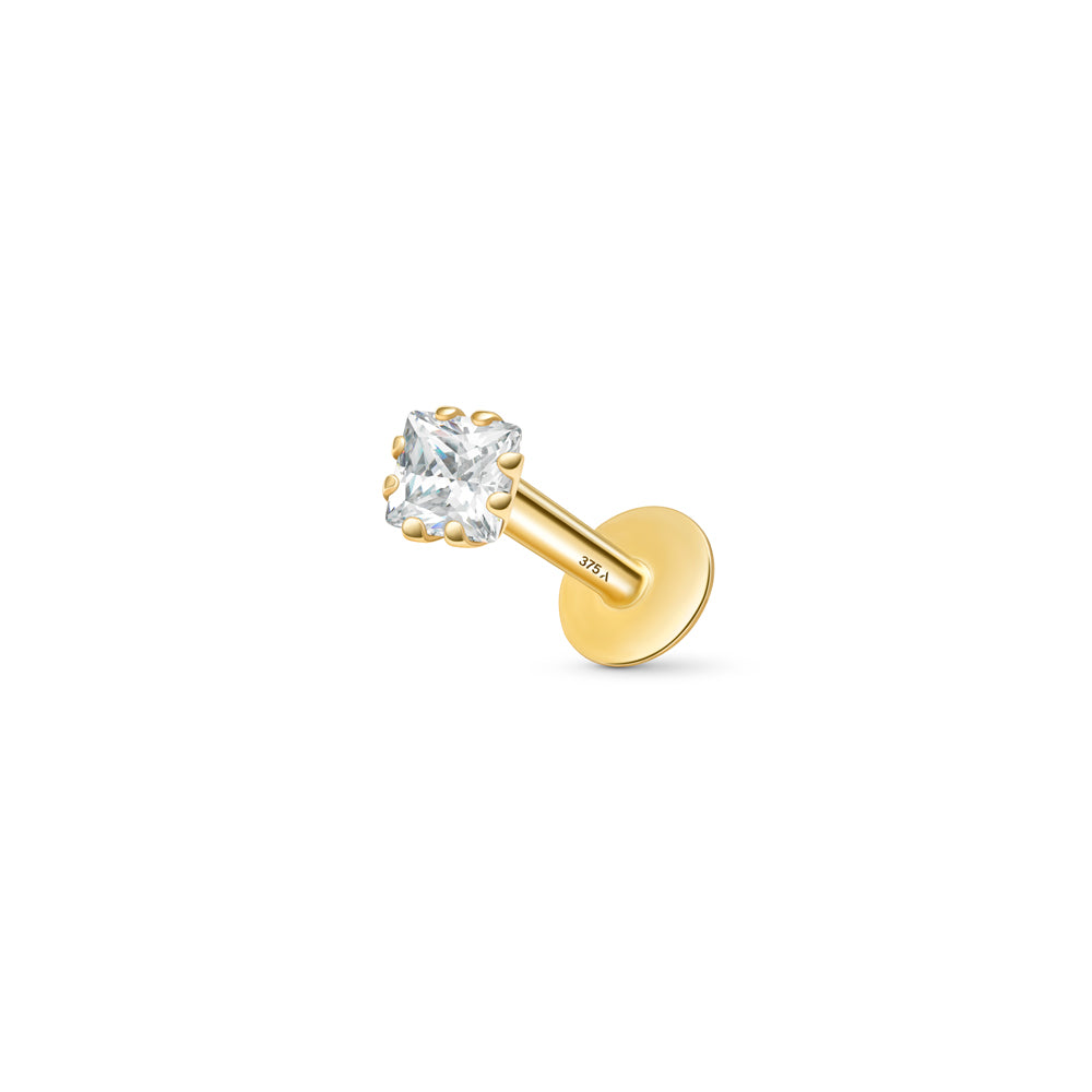 9ct gold cartilage piercing with one square shaped subic zirconia stone.