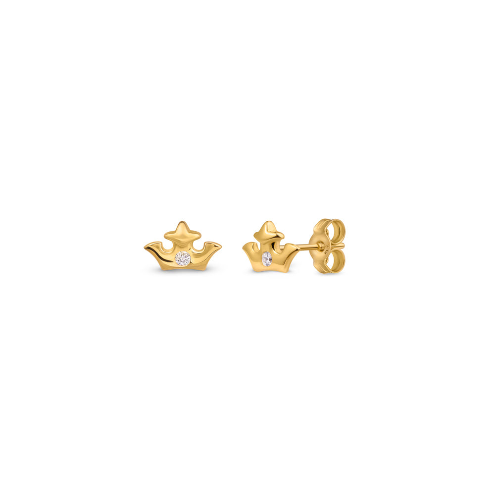 Gold crown ear studs with solitaire simulated crystal in the middle against a white background.