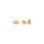 Gold crown ear studs with solitaire simulated crystal in the middle against a white background.