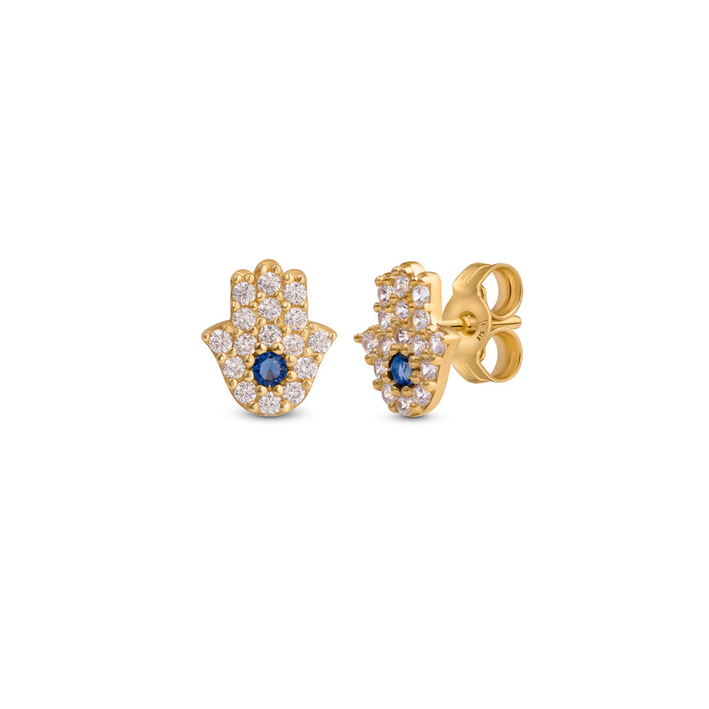 Gold Hamsa hand Studs with cubic zirconia stones placed on a white background 