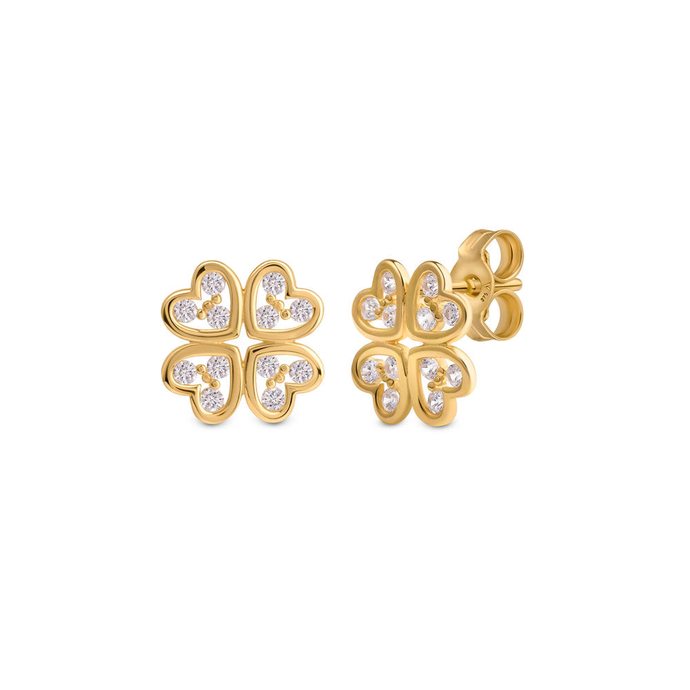 Gold clover Studs with cubic zirconia stones placed on a white background 