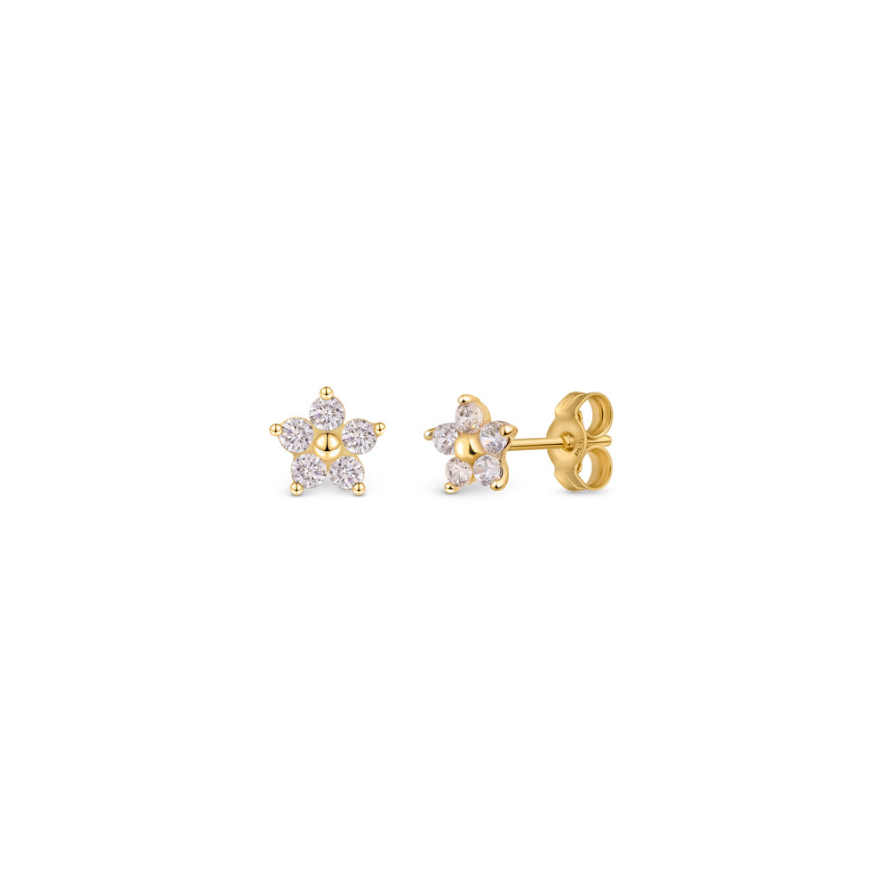 Gold flower ear studs with simulated stones against white background.
