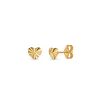 Gold diamond cut design heart ear studs presented against white background.