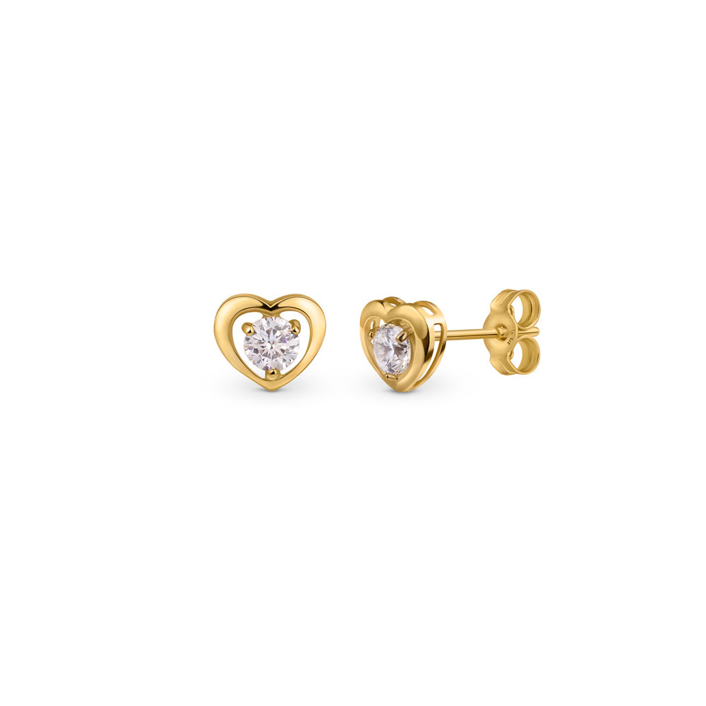 Gold heart ear studs with a large simulated stone in the middle presented against white background.