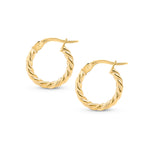 10 mm gold hoop earrings with a twisted pattern placed against a white background