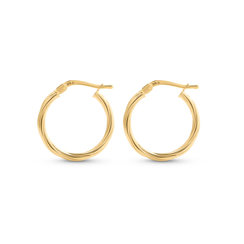 Gold hoop earrings with a twisted pattern placed against a white background