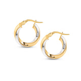 2 tone 10 mm gold hoop earrings with a twisted pattern placed against a white background