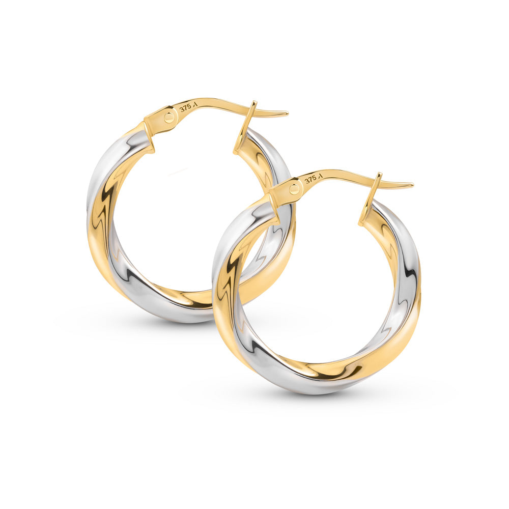 2 tone 15 mm gold hoop earrings with a twisted pattern placed against a white background