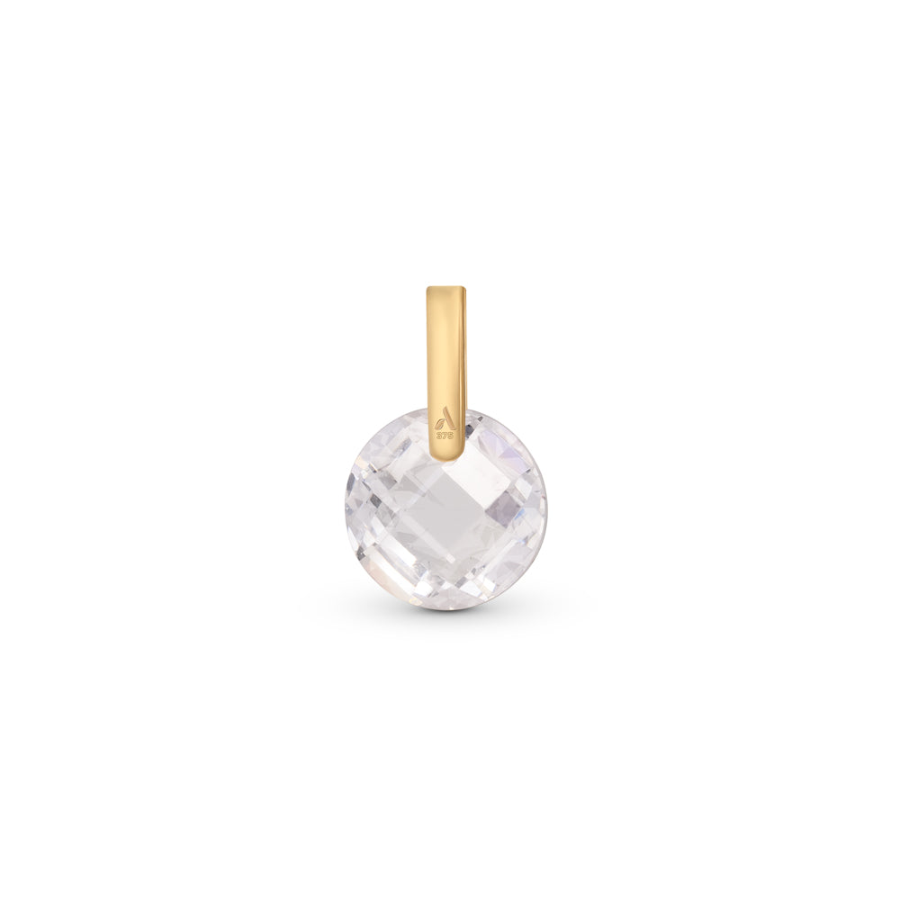 9ct gold Round crystal pendant placed on a white surface.