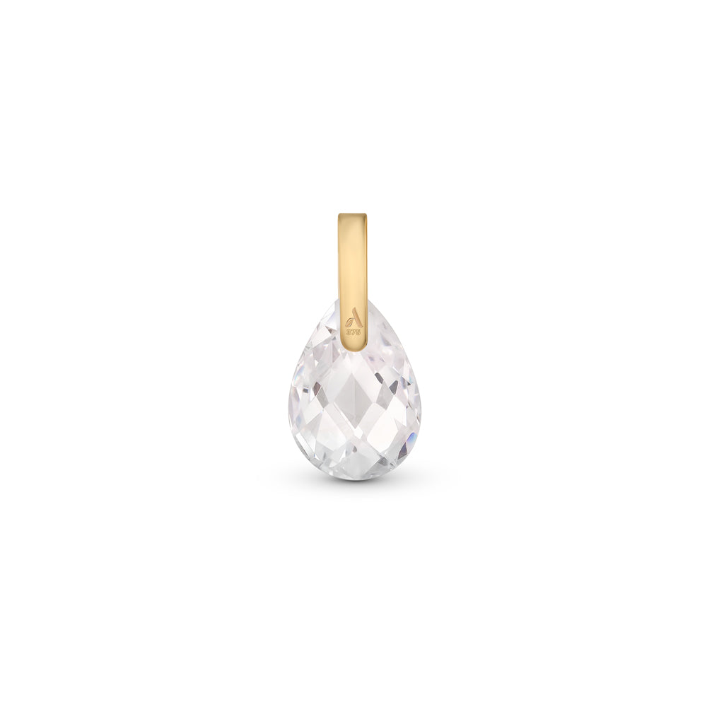 9ct gold Waterdrop crystal pendant placed on a white surface.