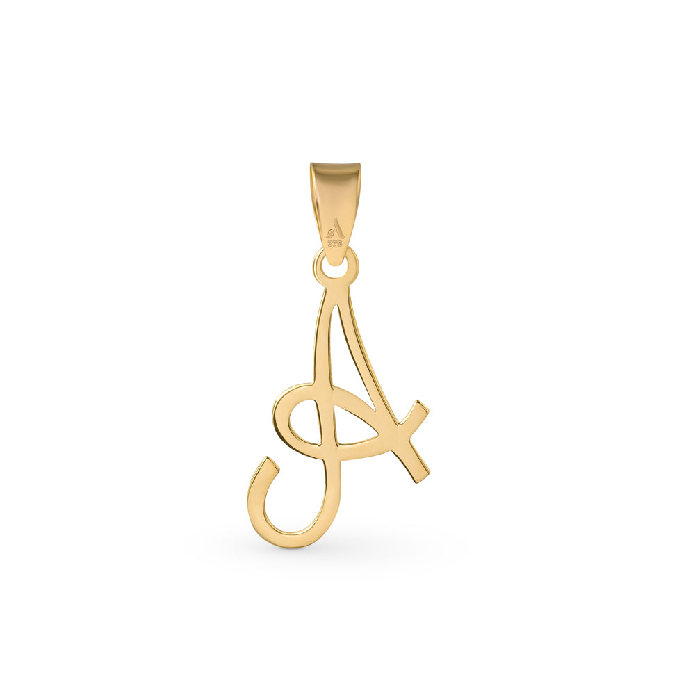 A gold pendant shaped like the letter "A" designed with elegant curves and a flowing script style with a small loop at the top for attaching to a chain.