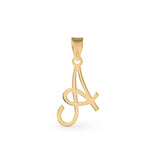 A gold pendant shaped like the letter "A" designed with elegant curves and a flowing script style with a small loop at the top for attaching to a chain.