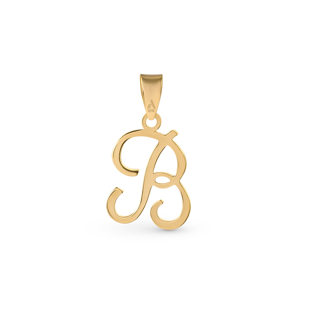 A gold pendant shaped like the letter "B" designed with elegant curves and a flowing script style with a small loop at the top for attaching to a chain.