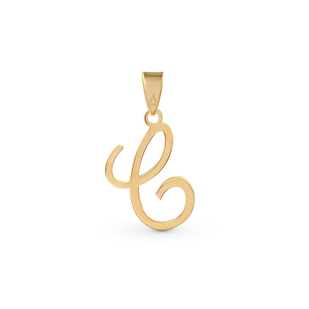 A gold pendant shaped like the letter "C" designed with elegant curves and a flowing script style with a small loop at the top for attaching to a chain.