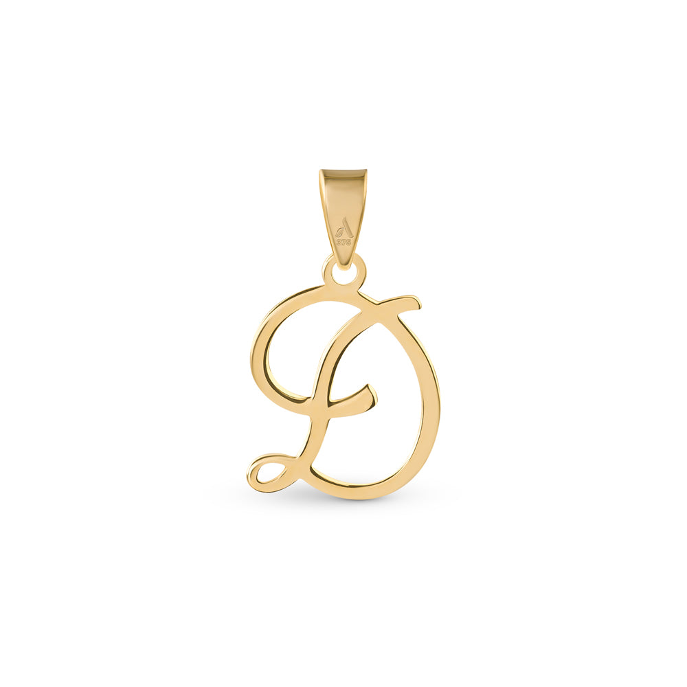 A gold pendant shaped like the letter "D" designed with elegant curves and a flowing script style with a small loop at the top for attaching to a chain.