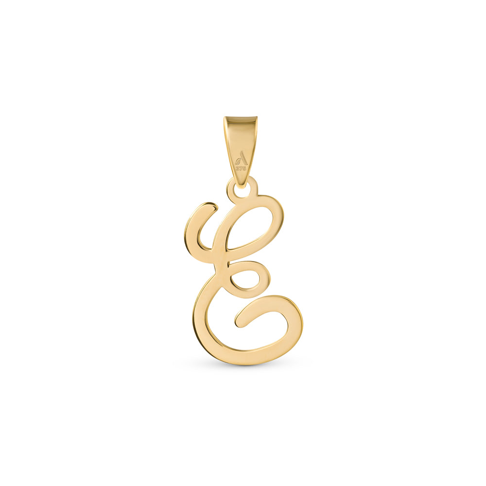 A gold pendant shaped like the letter "E" designed with elegant curves and a flowing script style with a small loop at the top for attaching to a chain.