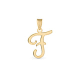 A gold pendant shaped like the letter "F" designed with elegant curves and a flowing script style with a small loop at the top for attaching to a chain.