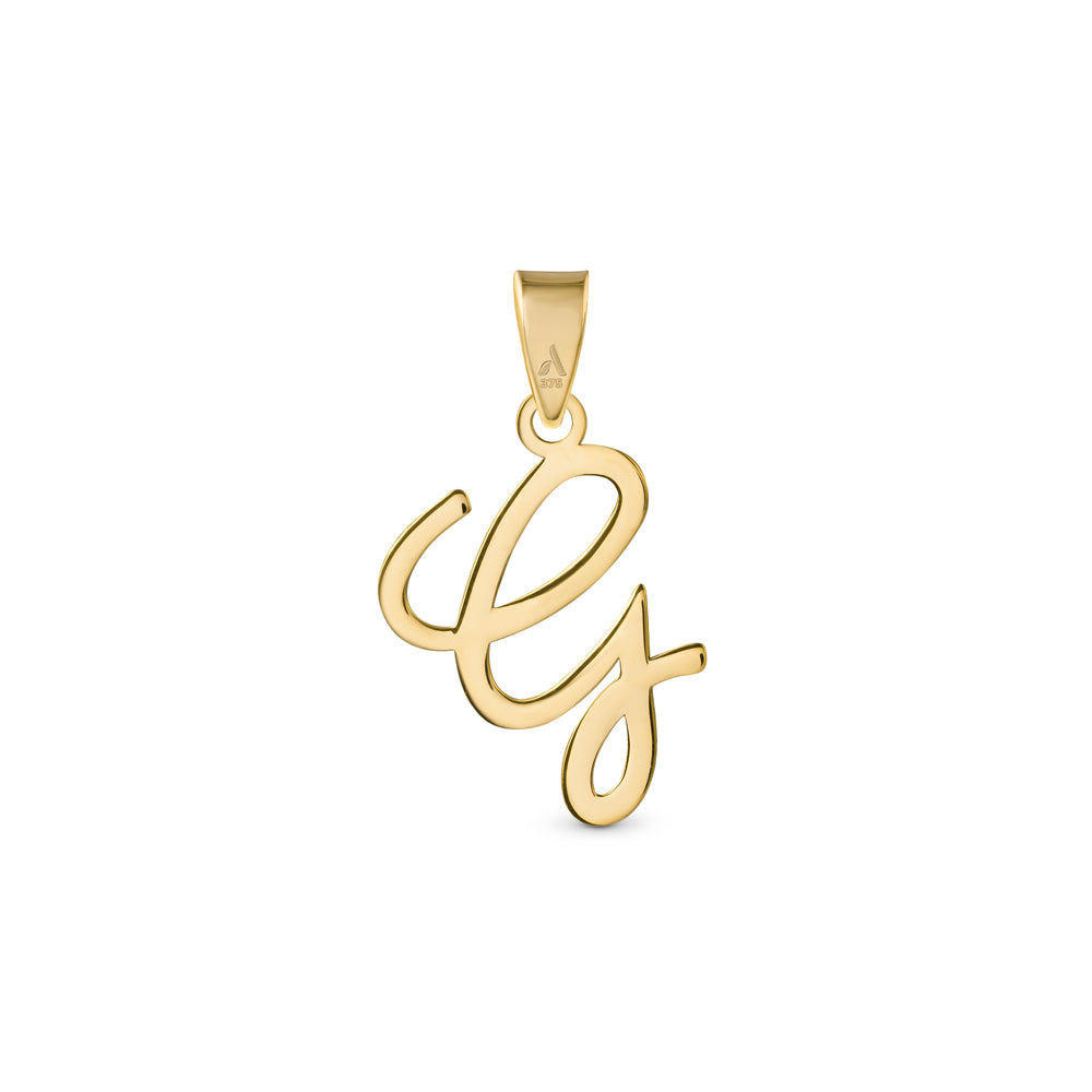 A gold pendant shaped like the letter "G" designed with elegant curves and a flowing script style with a small loop at the top for attaching to a chain.