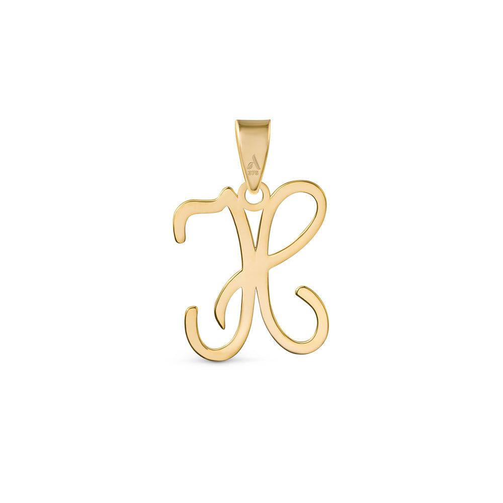 A gold pendant shaped like the letter "H" designed with elegant curves and a flowing script style with a small loop at the top for attaching to a chain.