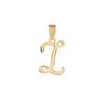 A gold pendant shaped like the letter "I" designed with elegant curves and a flowing script style with a small loop at the top for attaching to a chain.