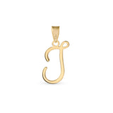 A gold pendant shaped like the letter "J" designed with elegant curves and a flowing script style with a small loop at the top for attaching to a chain.