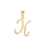 A gold pendant shaped like the letter "K" designed with elegant curves and a flowing script style with a small loop at the top for attaching to a chain.