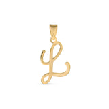 A gold pendant shaped like the letter "L" designed with elegant curves and a flowing script style with a small loop at the top for attaching to a chain.