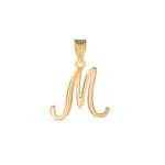 A gold pendant shaped like the letter "M" designed with elegant curves and a flowing script style with a small loop at the top for attaching to a chain.