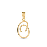 A gold pendant shaped like the letter "O" designed with elegant curves and a flowing script style with a small loop at the top for attaching to a chain.