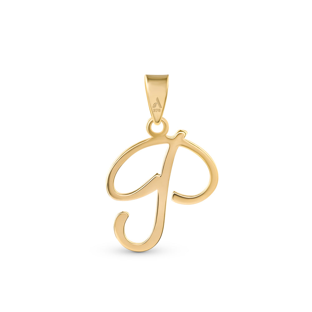 A gold pendant shaped like the letter "P" designed with elegant curves and a flowing script style with a small loop at the top for attaching to a chain.