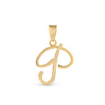 A gold pendant shaped like the letter "P" designed with elegant curves and a flowing script style with a small loop at the top for attaching to a chain.