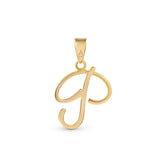 A gold pendant shaped like the letter "P" designed with elegant curves and a flowing script style with a small loop at the top for attaching to a chain.