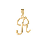 A gold pendant shaped like the letter "R" designed with elegant curves and a flowing script style with a small loop at the top for attaching to a chain.