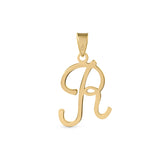 A gold pendant shaped like the letter "R" designed with elegant curves and a flowing script style with a small loop at the top for attaching to a chain.