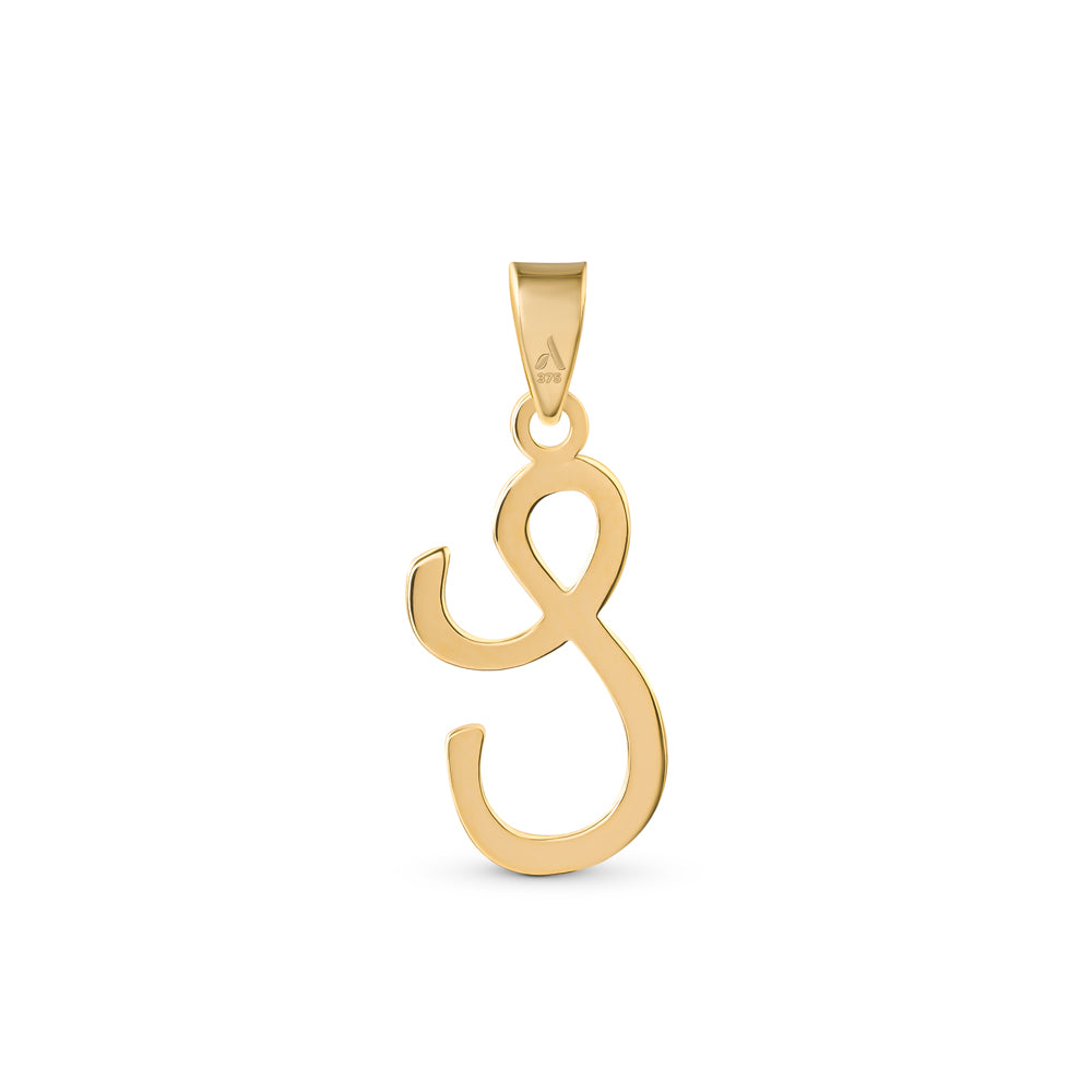 A gold pendant shaped like the letter "S" designed with elegant curves and a flowing script style with a small loop at the top for attaching to a chain.