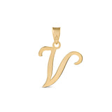 A gold pendant shaped like the letter "V" designed with elegant curves and a flowing script style with a small loop at the top for attaching to a chain.