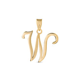 A gold pendant shaped like the letter "W" designed with elegant curves and a flowing script style with a small loop at the top for attaching to a chain.