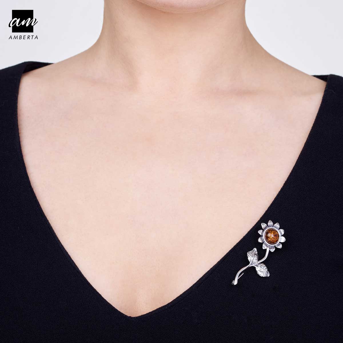 Amberta Silver Honey Amber Sunflower Pin Model