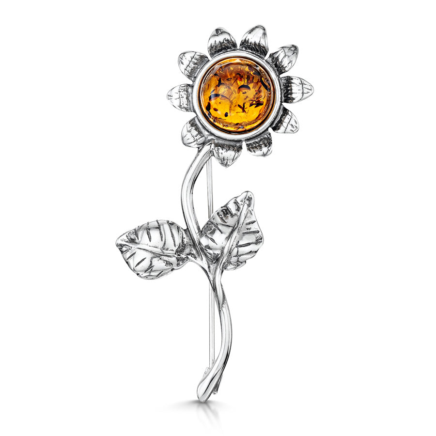 Amberta Silver Honey Amber Sunflower Pin