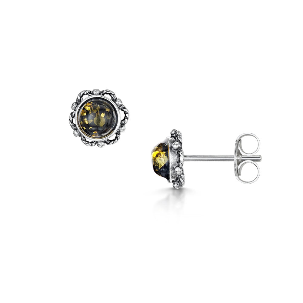 Amberta Silver Green Amber Flower Stud Earrings