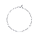 A silver paperclip chain bracelet on a white background