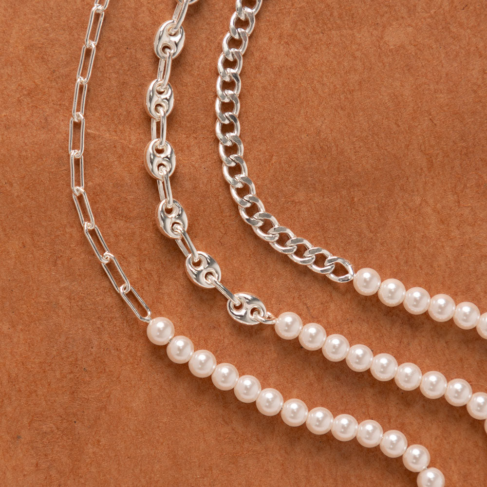 Half Coffee Bean Chain & Half Pearl Bracelet in Sterling Silver Collection