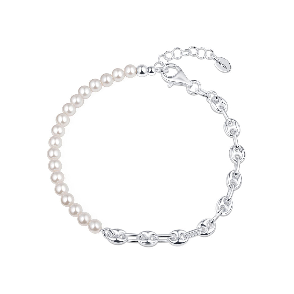 Half Coffee Bean Chain & Half Pearl Bracelet in Sterling Silver