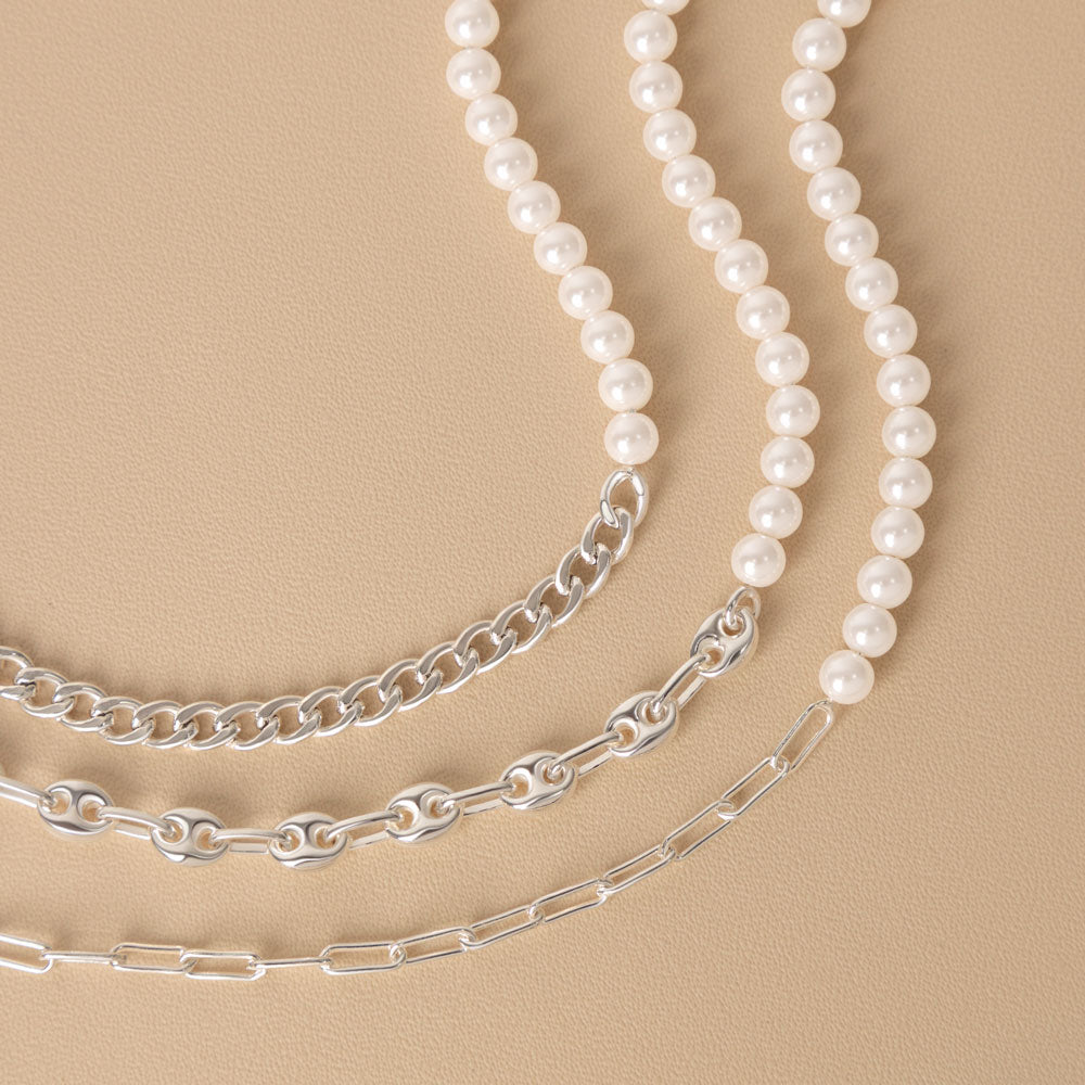 Half Curb Chain & Half Pearl Bracelet in Sterling Silver Collection